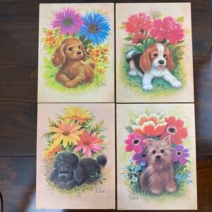 Vintage Puppy Dog Animal Litho Prints  1970s 12"x9” Set of 4 Floral Flawless